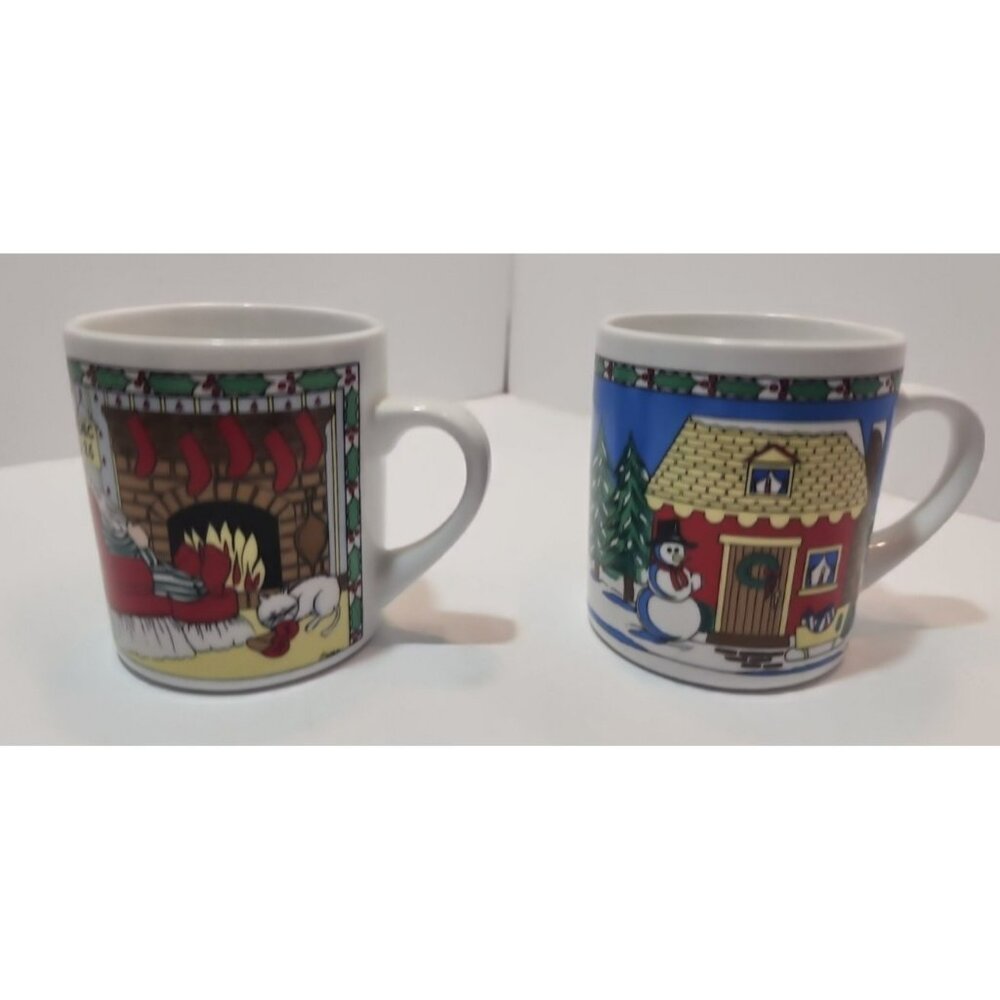 Finest Ceramics Christmas Mugs Set Of 2 Santa By the Fire and Snowman With House
